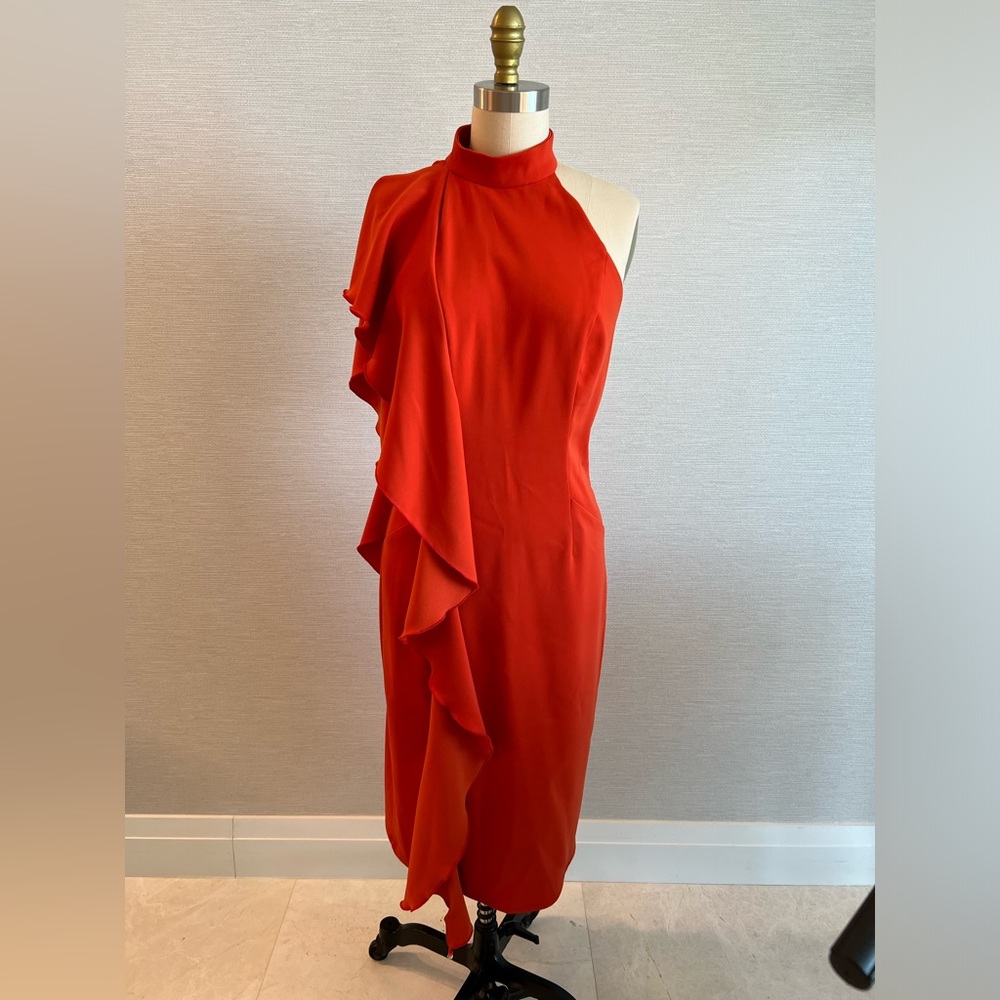 Custom Modern Cocktail Dress High Neck Halter Ruffle Detail Orange Coral Size 6